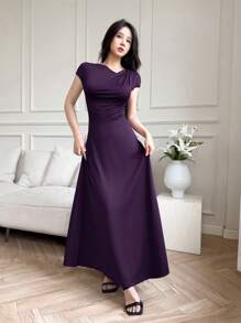 Modelyn 女士纯色短袖休闲修身优雅长款紫色连衣裙长款晚礼服 - 紫羅蘭色 - 查看 6