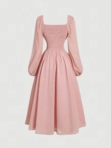 SHEIN MOD Women's Solid Color Front Tie Ruched Square Collar Puff Sleeve Ruffle Hem Elegant Dress,Pastel Dresses For Women