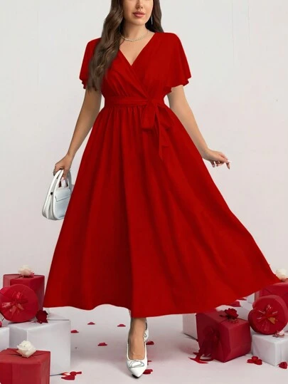 Firerie Casual Vintage Floral Print Loose Plus Size Red Dress, Suitable For/Suitable For Going Out Chic Dress New Year Summer Spring