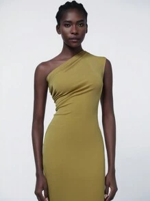 Aveloria Modichic 女士时尚简约斜肩褶皱无袖紧身连衣裙 - 薑色 - 查看 7