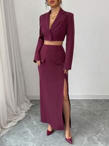 Chiquease Premium Quality Sophisticated Chic Business/Office Wear Purple Woven Fabric V-Neck Dropped Shoulder Regular Long Sleeve Short Crop Top With High Waist Fake Pocket Straight Slit Side Early Spring New Women Suit Set Fall Cloth For Women