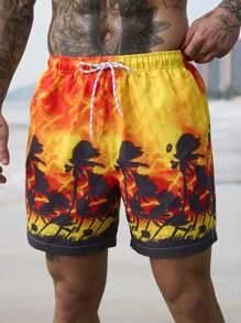 Surfspeed Men's Casual Plant Print Front Tie Beach Shorts, Vacation Style Man Swim Trunks