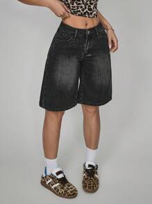 SHEIN PETITE 女士前扣口袋简约宽松休闲牛仔短裤 - 黑色 - 查看 5