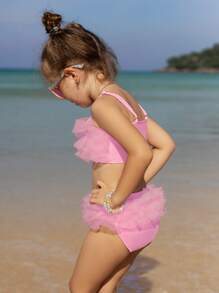 SHEIN Young Girl Solid Color Bow Decor Mesh Patchwork Ruffle Trim Adorable Swimwear Set - Baby Pink - View 2
