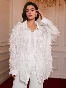 SHEIN VCAY VCAY Plus Size Boho White Elegant Long Sleeve Front Button Casual Shirt For Women,Autumn Party Wedding Vacation Summer Spring Top,Teacher Rave Tops - Beige - View 6