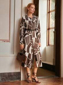 Anewsta Elaire Floral Print Collared Single-Breasted Belted Women's Dress, Modest Clothing
