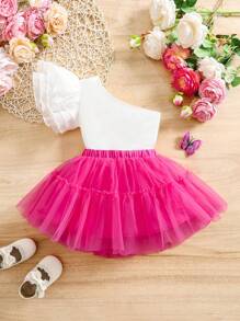 SHEIN 女婴荷叶边不对称肩上衣和迷你裙 2 件套，可爱优雅的夏季服装