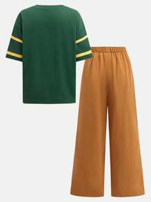 SHEIN Tween Girls Casual Loose Sports Letter Graphic V-Neck Short Sleeve Tee And Cargo Pants 2 Pieces Set - Multicolor - View 10