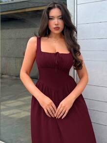 Firerie Women's Romantic Red Square Neck Long Dress - Burgundy - View 5