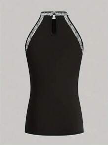 INAWLY Women Elegant Sequins Embellished Pleated Stand Collar Slim Fit Sleeveless Top - Black - View 2