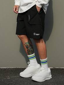 DAZY Men's Letter Print Athletic Shorts With Lining - Black - View 7