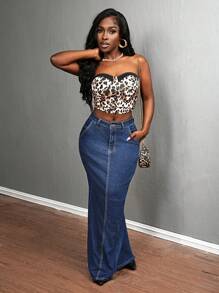 SHEIN Slayr 女式口袋长款修身休闲牛仔半身裙 - 深色水洗藍 - 查看 6