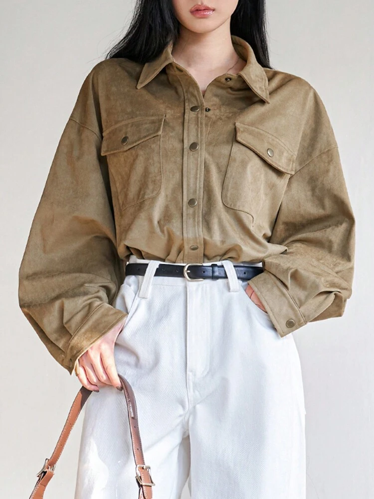 Women's Suede Loose Minimalist Big Pocket Casual Shirt,Fall Clothes Long Sleeve Top