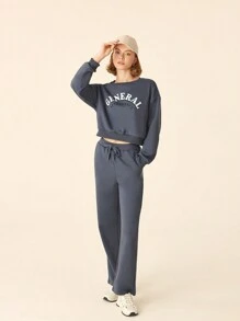 SHEIN Sports Women's Letter Print Round Neck Drop Shoulder Long Sleeve Sweatshirt And Self-Tie Waist Pants Sports Fleece Suit - Dusty Blue - View 6