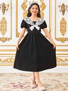 SHEIN Leap Crew Gaun Mini Lengan Mengembang Bordir Bunga Hitam Putih Pas Badan untuk Anak Perempuan Remaja - Hitam - View 4