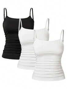 3pcs Teen Girl Casual All-Match Layered Cami Top, Simple And Versatile Design For Daily Wear - Black and White - View 1