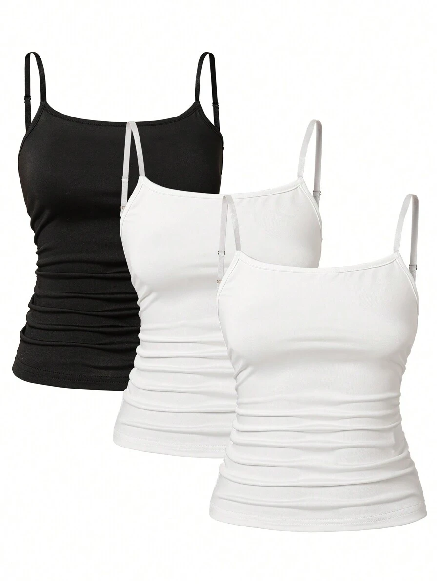 3pcs Teen Girl Casual All-Match Layered Cami Top, Simple And Versatile Design For Daily Wear - Black and White - View 1