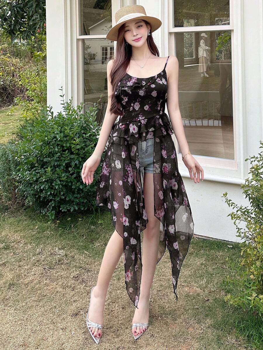 DAZY 女士花卉吊带中长连衣裙 巡航女士服装 透明太阳裙 - 黑色 - 查看 1