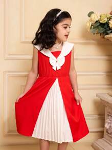 SHEIN Vestido informal suelto con cuello en V y parches de pliegues con decoración de lazo, que resalta la vitalidad juvenil, la inocencia adorable, el estilo personalizado y el entusiasmo dulce, perfecto para uso diario y fiestas, prenda esencial de primavera/verano y regalo de ropa para niñas jóvenes