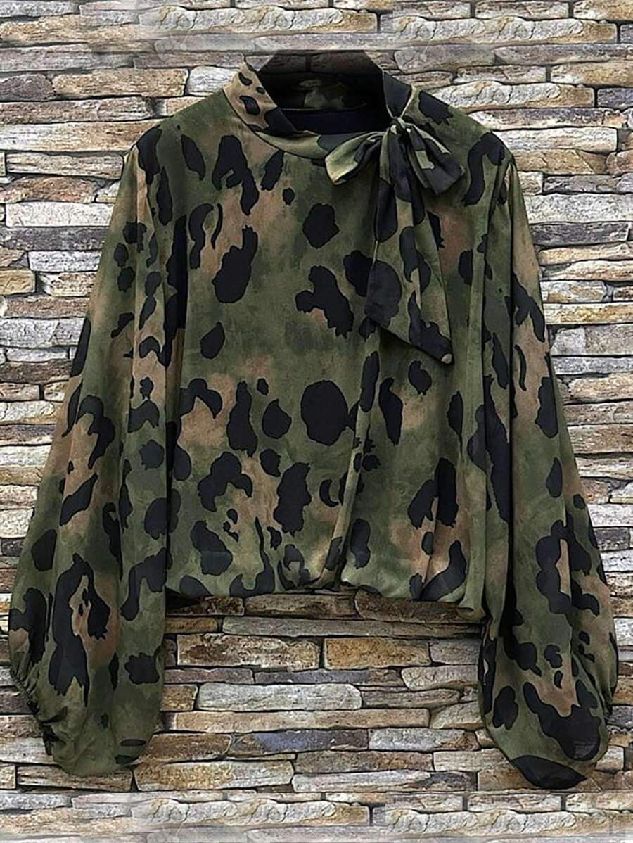 INAWLY Áo sơ mi cổ nơ in họa tiết rằn ri thường ngày cho nữ - xanh quân đội - Xem 1