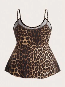 SHEIN EZwear Conjunto de 2 piezas con top camiseta y estampado de leopardo en negro y blanco, para mujer de talla grande, para primavera/verano