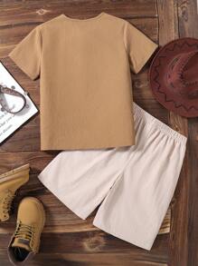 SHEIN Tween 男童 2 件套，春夏 Wildeya 新款，休闲度假极简主义波西米亚风 T 恤 2 件套服装套装，适合户外活动、日常穿着和节日聚会 - 彩色 - 查看 2