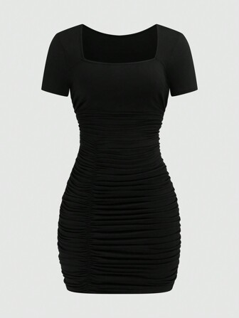 Sweetra Square Neck Pleated Cinched Waist Slim Short Sexy Fashionable Elegant Dress For Women