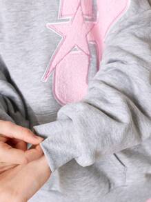 SUMWON Cozy Oversized Youth Sports Hoodie With Pink Applique Logo Patch Winter Fall Casual Athletic Sweatshirt Wear Streetwear - Grey - View 3