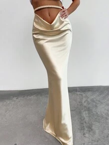 SHEIN Privé Nueva falda larga plisada de cintura de silueta de sirena con cuello en U color albaricoque, elegante y romántica para citas, primavera/verano