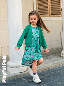 SHEIN 2 件套年轻女孩时尚可爱提花针织面料褶皱袖口夹克和不对称荷叶边下摆无袖印花连衣裙套装 - 彩色 - 查看 1