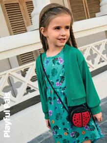 SHEIN 2 件套年轻女孩时尚可爱提花针织面料褶皱袖口夹克和不对称荷叶边下摆无袖印花连衣裙套装 - 彩色 - 查看 3