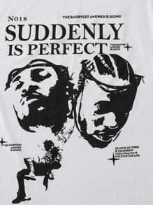 SHEIN Explorewe Casual Loose Fit Boys & Teenagers Short Sleeve T-Shirt With Portrait And Letter Print, Summer Graphic Tee - White - View 4