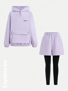 SHEIN Bộ 2 áo dài tay in chữ có túi và quần short cho bé gái lớn tuổi, tối giản và sáng bóng - Màu tím - Xem 9