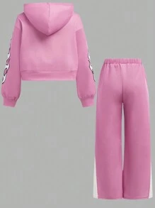 SHEIN Tween Girls Loose Sporty Casual Hooded Sweatshirt & Contrast Color Sweatpants 2pcs Set - Multicolor - View 2