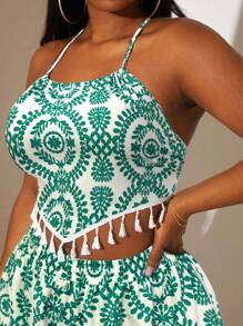 SHEIN SXY 大码 2 件套 无袖 全身印花 流苏下摆 休闲上衣和短裤