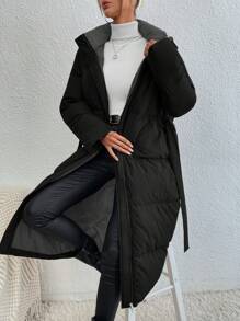 SHEIN Frenchy Solid Color Hooded Belted Long Black Padded Jacket