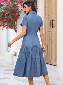 SHEIN LUNE Women's Short Sleeve Utility Pocket Single-Breasted Casual Denim Dress