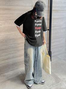 FRIFUL Women's Round Neck Letter Print Contrast Color Loose T-Shirt,Graphic Tees - Black - View 4