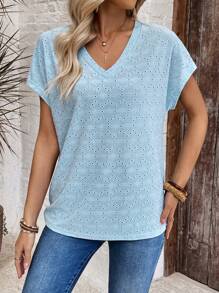 EMERY ROSE Camiseta de mujer con cuello en V liso, manga de murciélago y bordado desteñido