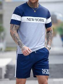 Manfinity EMRG Men's Round Neck Short Sleeve Solid Color Letter Print Patchwork Casual Basketball Jersey Style Top And Shorts Set - Multicolor - View 4