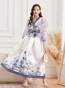SHEIN Teen Girls Blue Elegant Floral Patchwork Sheer Mesh Printed Shirt With Floral A-Line Skirt, Bowknot Waist Princess Style Dress Set, Suitable For Holidays, Elegant