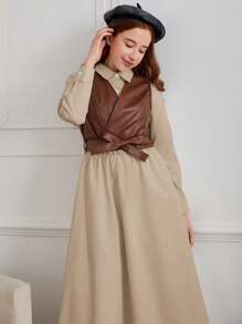 2 件套复古风格休闲装，适合少女 - 棕色领带领无袖夹克背心和长袖收腰连衣裙 - 彩色 - 查看 4