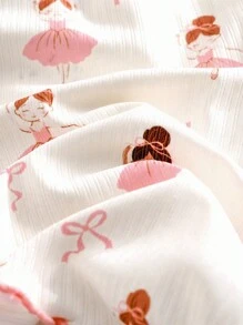 女婴卡通印花荷叶边圆领短袖上衣和裤子柔软亲肤睡衣套装，2 件 - 淺粉色 - 查看 6