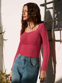 SHEIN Frenchy 女士纯色长袖修身休闲 T 恤，简约风格日常穿着 - 紅色 - 查看 5