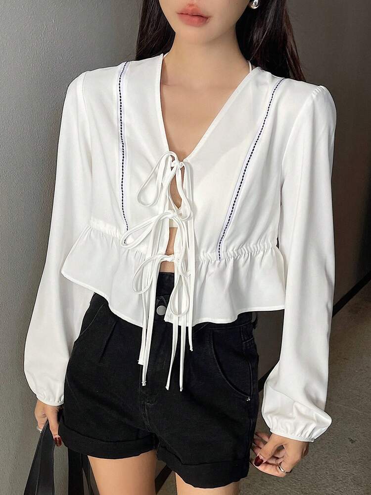 Women's Casual Contrast Color Short Ruffle Hem Tie-Front Long Sleeve Blouse Top, Suitable For Summer,Fall Clothes