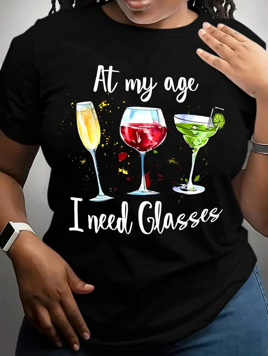 Maweii Plus Size Women Slogan & Wineglass Printed Round Neck Short Sleeve Casual Summer T-Shirt - Black - View 1