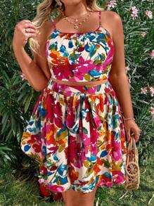 Flirla 2pcs/Set Plus Size Casual Suspender Sleeveless & Printed Shorts, Fashionable Daily Wear - Multicolor - View 5