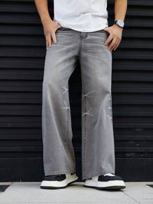 Manfinity Homme Men's Simple Straight Leg Jeans With Pockets, Casual Everyday Wear - Grey - View 2