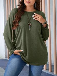 EMERY ROSE Plus Size Round Neck Long Sleeve Casual Loose Soft Appealing Winter T-Shirt,Fall T-Shirt - Army Green - View 3