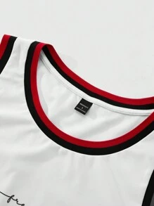 Manfinity Homme Men's Casual Daily And Beach Vacation Style, INS Matching Item: Classic Black, White, And Red Color Block Design White Basketball Jersey Style Tank Top, With A Creative Alphabet Combination Design On The Chest And Black And Red Ribbed Color Block On The Cuffs And Neckline. Perfect For Beach Vacations, And Great As Gifts For Boyfriends Or Husbands.